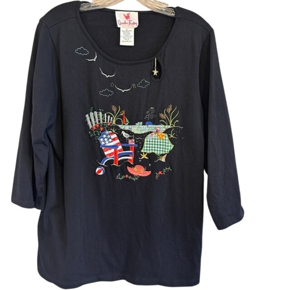 Quacker Factory Black Embroidered Patriotic July 4 Summer USA Embroidered Top LG